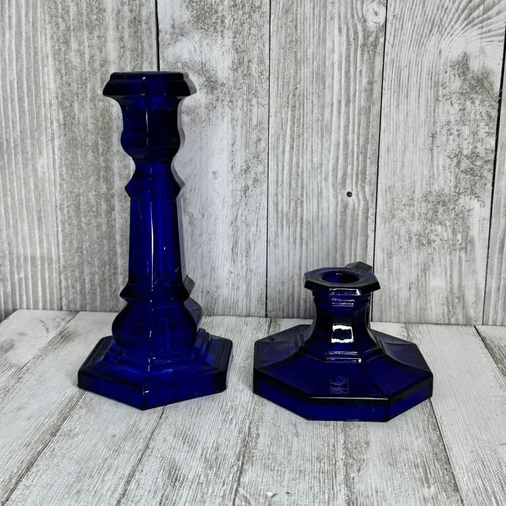 Vintage Cobalt Blue Glass Candle Holders Set of Two